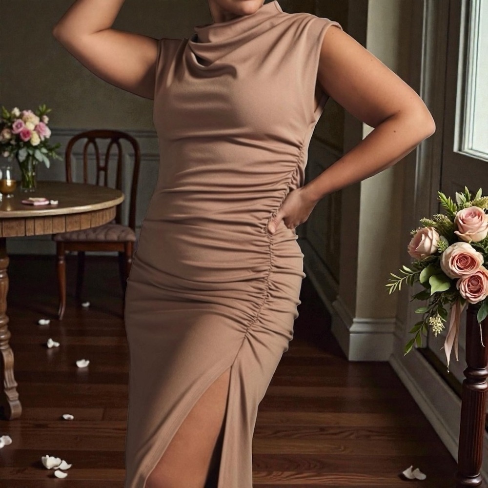 NWT Anthropologie ‘The Maya Ruched Cowl-Neck Dress’ in “Cedar” Tan Plus Size 3X